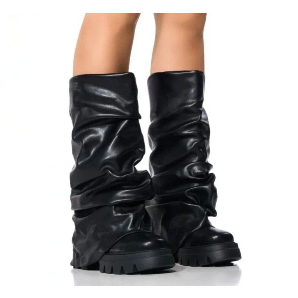 Azalea Wang Mate Boots Womens 11 Black Ruched Mid Calf Lug Sole Moto Y2K Gothic